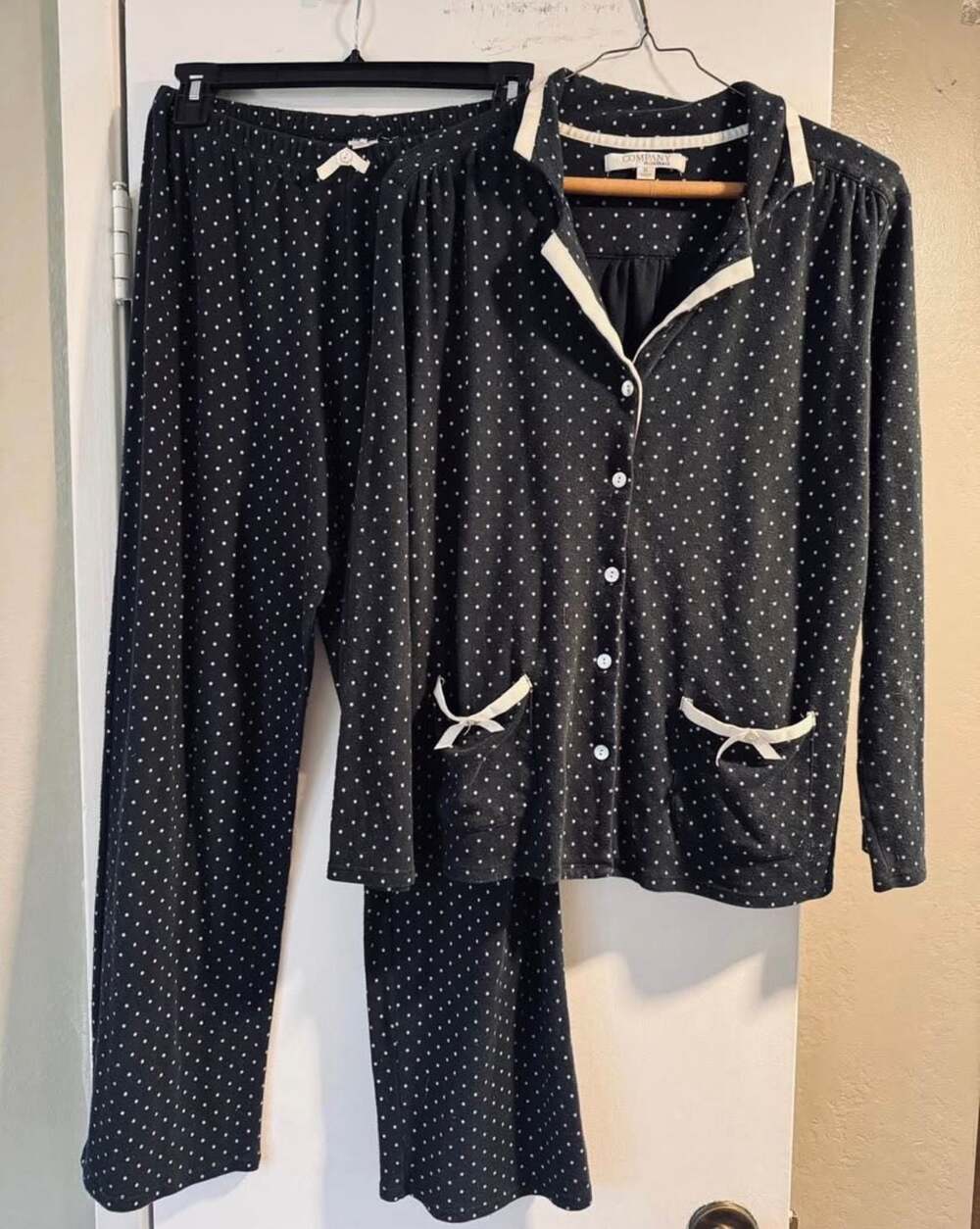 Company Ellentracy Black Polka Dot Pajama Set with White Trim and Bow Pockets, S
